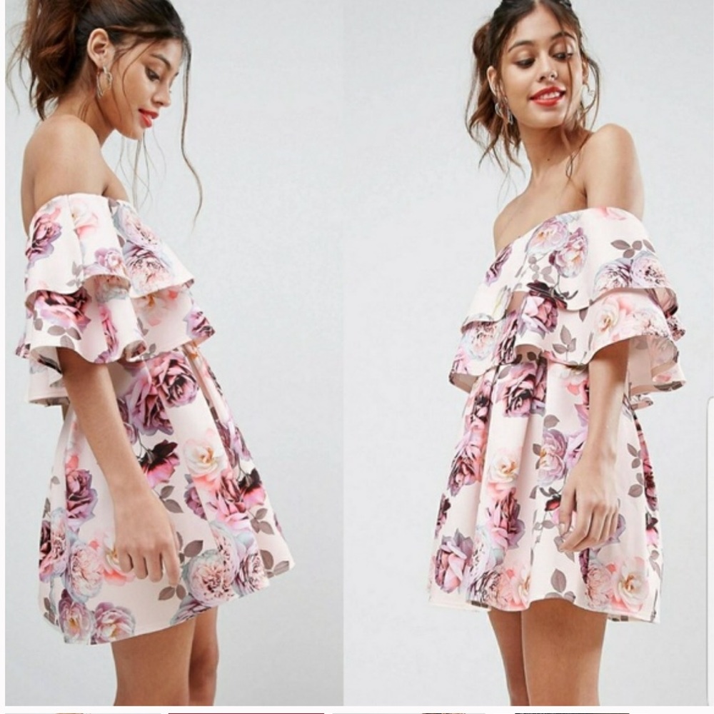 ASOS ruffle off the shoulder pink floral dress